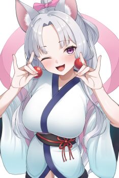 1girl ;d animal_ear_fluff animal_ears blush breasts commentary_request facing_viewer fox_ears grey_hair hands_up highres japanese_clothes kimono large_breasts long_hair looking_at_viewer one_eye_closed open_mouth parted_bangs ponytail purple_eyes shun_(b.c) sidelocks simple_background smile solo tongue touhoku_itako very_long_hair voiceroid white_background white_hair white_kimono