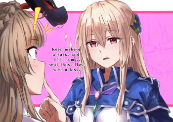 ! 2girls absurdres blonde_hair blue_cloak blush braid brown_hair cape capelet cloak crown_braid english_text finger_to_another&#039;s_mouth finger_to_mouth fox_mask hair_between_eyes hair_ornament heaven_burns_red highres kayamori_ruka kiryuu_miya long_hair looking_at_another mask mask_on_head mole mole_under_eye multiple_girls open_mouth pink_background raito_taisha red_eyes shirakawa_yuina sidelocks surprised unworn_mask yuri