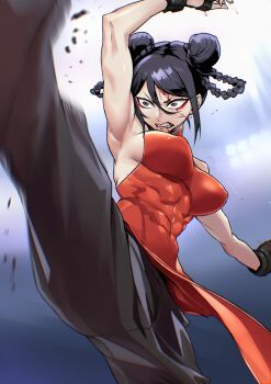 Rule 34 | abs, angry, arm up, armpits, black eyes, black hair, blood, china dress, chinese clothes, double bun, dress, eyeliner, fingerless gloves, gloves, hair bun, highres, isshou senkin, kicking, makeup, mma gloves, pants, red dress, red eyeliner, toned, tresmarrow, yuzuha lee