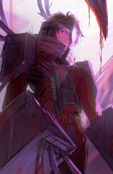 1boy ahoge artificial_eye blood brown_hair commentary_request covered_mouth cowboy_shot e.g.o_(project_moon) heathcliff_(project_moon) limbus_company looking_at_viewer male_focus mechanical_arms mechanical_eye move-in_reg._(e.g.o) one_eye_covered project_moon purple_eyes solo wire xjsbca