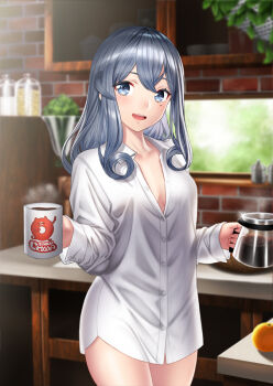 1girl blue_eyes blue_hair blush breasts coffee coffee_mug coffee_pot commentary_request cup dress_shirt enemy_lifebuoy_(kancolle) gotland_(kancolle) hair_between_eyes kantai_collection kitchen long_hair long_sleeves looking_at_viewer medium_breasts mole mole_under_eye mug mug_writing naked_shirt no_bra no_pants print_mug shirt solo unowen white_shirt window