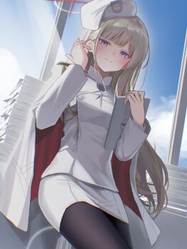 black_pantyhose blonde_hair blonde_student_council_president_(blue_archive) blue_archive blush cape commentary_request epaulettes hair_behind_ear halo hat highres long_hair looking_at_viewer medal multicolored_halo pantyhose paper_stack red_halo shoulder_strap single_epaulette skirt smile supic1711 two-tone_halo white_cape white_hat white_skirt