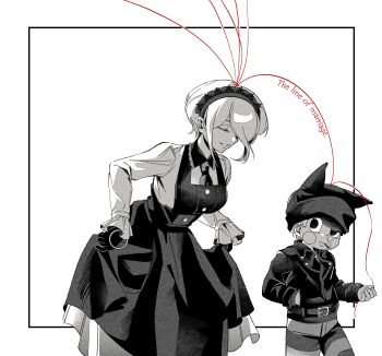 1boy 1girl absurdres beanie belt belt_buckle blush_stickers border breasts buckle buttons chinese_commentary cigarette closed_eyes closed_mouth collared_jacket collared_shirt commentary_request cowboy_shot curtsey danganronpa_(series) danganronpa_v3:_killing_harmony dress english_text eyelashes fake_horns feet_out_of_frame frilled_dress frilled_hairband frilled_shirt_collar frilled_sleeves frills gloves greyscale hair_over_one_eye hairband half-closed_eye hand_in_pocket hat height_difference highres holding holding_string horned_headwear horns hoshi_ryoma jacket lace-trimmed_hairband lace_trim lapels leaning_forward leather leather_jacket long_dress long_sleeves medium_breasts monochrome mouth_hold necktie notched_lapels o-ring outside_border pants parted_lips pinafore_dress pleated_dress shirt short_hair short_male sleeveless sleeveless_dress sleeves_past_wrists smile spot_color string string_of_fate striped_clothes striped_pants teeth title tojo_kirumi wattsup000 white_background white_border