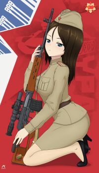 1girl absurdres acrux blue_eyes brown_hair brown_jacket emblem garrison_cap girls_und_panzer gun gun_sling hat high_heels highres holding holding_weapon jacket kneeling long_hair military_uniform nonna_(girls_und_panzer) open_mouth pravda_(emblem) rifle skirt solo weapon