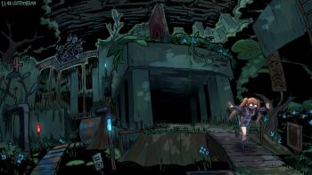 1girl abstract_background alternate_hair_color alternate_hair_length alternate_hairstyle artist_name bespectacled black_socks blue_flower bridge brown_hair brown_shoes flower glasses grey_skirt highres in-universe_location kaibootsu kneehighs miniskirt outdoors outstretched_arms parted_lips pencil_skirt running shoes skirt socks solo tree twintails urotsuki wooden_bridge yume_2kki