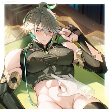 Rule 34 | 1boy, 1other, abs, alhaitham (genshin impact), alpaitham, aqua eyes, aqua hair, black gloves, black shirt, black sleeves, closed mouth, clothes lift, fingerless gloves, genshin impact, gloves, grey hair, hair between eyes, highres, male focus, male with breasts, multicolored hair, muscular, muscular male, navel, nipples, open clothes, open shirt, penis, puffy male chest, shirt, shirt lift, short hair, stomach, streaked hair, white hair