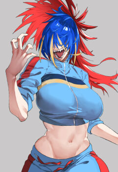 1girl blonde_streaks blue_hair blue_track_suit breasts hair_over_eyes half-jacket highres jacket large_breasts midriff multicolored_hair navel open_mouth original pants red_hair sharp_teeth stomach streaked_hair sudeni_sokurou teeth track_jacket track_pants track_suit