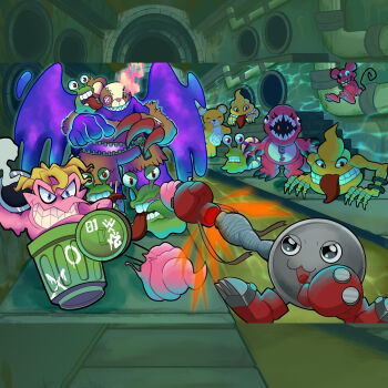 Rule 34 | bazooka, black eyes, digimon, digimon (creature), ex-tyranomon, gerbemon, gloves, highres, looking at another, mamemon, monzaemon, numemon, scumon, shinmonzaemon, tyumon, weapon