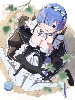 1girl absurdres animal animal_on_lap apron arm_support black_cat black_sleeves blue_eyes blue_hair blush breasts cat cat_on_lap clenched_hand detached_sleeves downblouse frilled_apron frills from_above full_body hair_ornament hair_ribbon hand_up headdress highres knees_together_feet_apart long_sleeves looking_at_viewer looking_up maid maid_apron medium_breasts on_floor on_lap open_mouth pantyhose pink_ribbon re:zero_kara_hajimeru_isekai_seikatsu rem_(re:zero) ribbon roswaal_mansion_maid_uniform shoes signature sitting solo unworn_shoes vbpicture watermark white_apron white_pantyhose wooden_floor x_hair_ornament yarn yarn_ball