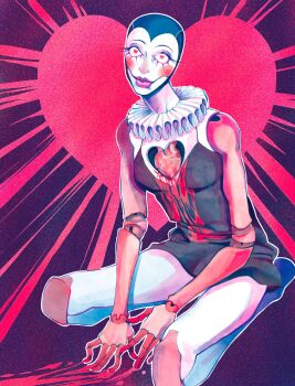 1girl archived_source bald bald_female blood blush blush_(makeup) colored_skin design_speculation doll dress eyelashes guro heart heart-shaped_pupils heart_(organ) highres joints kingycrow lips long_eyelashes mannequin neck_ruff nikola_orsinov pink_lips seiza sitting solo symbol-shaped_pupils the_magnus_archives white_skin