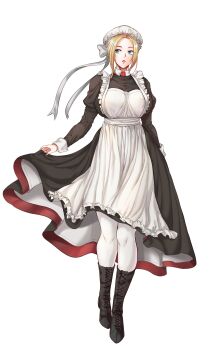 Rule 34 | 1girl, absurdres, alternate costume, apron, black dress, black footwear, blonde hair, blue eyes, boots, breasts, cross laced footwear, dress, enmaided, etidekailo, full body, hat, highres, lace up boots, large breasts, long sleeves, maid, maid apron, maid headdress, mob cap, pantyhose, puffy sleeves, short hair, simple background, skirt hold, solo, transparent background, white background, white pantyhose