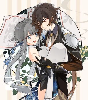 1boy 1girl bare_shoulders blue_eyes blush breasts brown_hair buzhidaogaishenmeming90675 chinese_hairpin couple detached_sleeves dress earrings eyeliner eyeshadow face-to-face formal_clothes genshin_impact gloves gradient_hair grey_hair guizhong_(genshin_impact) hair_between_eyes hair_ornament halter_leotard halterneck hand_on_another&#039;s_back hands_on_another&#039;s_chest highres hug jewelry leotard long_hair long_sleeves makeup multicolored_hair necktie open_mouth ponytail red_eyeshadow single_earring sleeves_past_fingers sleeves_past_wrists small_breasts smile suit tassel tassel_earrings tassel_hair_ornament teeth upper_teeth_only white_dress white_necktie wide_sleeves zhongli_(genshin_impact)