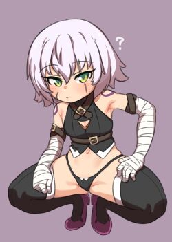 1girl :/ ? bandaged_arm bandages basukechi black_panties black_thighhighs boots breasts cleavage_cutout clothing_cutout commentary crop_top facial_scar fate/apocrypha fate/grand_order fate_(series) full_body green_eyes highres jack_the_ripper_(fate/apocrypha) loli navel panties petite purple_hair scar scar_across_eye scar_on_cheek scar_on_face shirt shoulder_tattoo sleeveless sleeveless_shirt small_breasts solo tattoo thigh_boots thighhighs thighs underwear