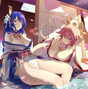 2girls alternate_costume animal_ears armpits bare_shoulders blue_eyes blunt_bangs braid breasts bridal_gauntlets cleavage commentary couple detached_collar earrings fox_ears fox_girl from_side genshin_impact hair_between_eyes hair_ornament headpiece highres huge_breasts indoors japanese_clothes jewelry kimono leaning_to_the_side long_braid long_sleeves looking_at_viewer looking_to_the_side luai lying mole multiple_girls neck_ribbon off_shoulder on_side onsen open_mouth pendant pink_hair purple_hair purple_kimono raiden_shogun red_ribbon red_sash ribbon sash shade sideboob single_braid sitting thick_thighs thighs upper_body wide_sleeves yae_miko yuri