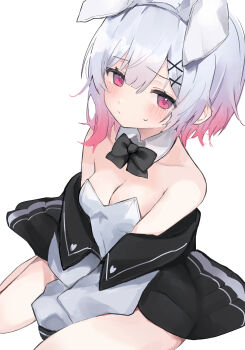 1girl absurdres animal_ear_hairband animal_ears black_bow black_bowtie black_jacket bow bowtie breasts cleavage commentary_request detached_collar fake_animal_ears feet_out_of_frame gradient_hair grey_hair hair_ornament hairband highres jacket leotard mahou_shoujo_no_majo_saiban medium_breasts multicolored_hair negitoro_(22ngtr) playboy_bunny rabbit_ears red_eyes sakuraba_ema simple_background sitting solo strapless strapless_leotard wariza white_background white_leotard x_hair_ornament