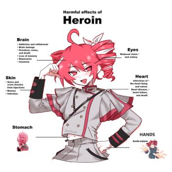 1girl :d ahoge artist_name bow chest_belt commentary diagram drill_hair english_text fang frilled_sleeves frills grey_jacket hair_between_eyes hair_bow hand_on_own_hip hand_up head_tilt highres jacket kasane_teto kasane_teto_(sv) kasane_teto_(utau) l_hand looking_at_viewer midriff_peek non-web_source open_mouth photo_inset pink_eyes self-upload sidelocks simple_background skin_fang skirt smile sparkling_eyes synthesizer_v twin_drills upper_body utau white_background white_streaks