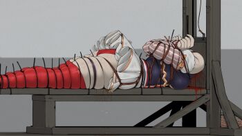 1girl arms_behind_back bad_end blood blue_shirt bound bound_arms bound_legs bound_wrists breasts cable_tie corpse decapitation defeat execution frilled_skirt frills guillotine guro highres medium_breasts outdoors panties pee peeing peeing_self red_panties shirt skirt snuff solo thick_arms thick_thighs thighs underwear