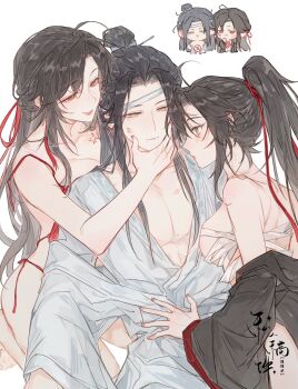 1boy 2girls ahoge artist_request backless_outfit bare_shoulders black_hair black_hanfu branded breast_press breasts camisole chest_sarashi chibi chibi_inset chinese_clothes chinese_commentary cleavage closed_mouth clothes_down collarbone commission dudou ffm_threesome genderswap genderswap_(mtf) grey_eyes group_sex hair_down hair_ribbon half_updo hand_on_another&#039;s_face hand_on_another&#039;s_stomach hanfu headband hetero highres kneeling lan_wangji large_breasts lipstick_mark long_hair long_sleeves looking_at_another modao_zushi multiple_girls nail_polish nipple_slip nipples off_shoulder official_alternate_hairstyle one_eye_closed open_clothes open_robe panties pectoral_cleavage pectorals ponytail red_camisole red_eyes red_nails red_panties red_ribbon ribbon robe sarashi second-party_source side-tie_panties sidelocks simple_background sitting smile threesome topknot underwear watermark wei_wuxian wei_wuxian_(yiling_laozu) white_background white_hanfu wide_sleeves xiao_guan_(headdress) yellow_eyes