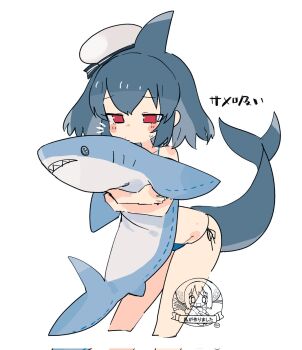 1girl bikini blush button_eyes buttons commentary fins fish_tail grey_hair hair_between_eyes half-closed_eyes hat highres holding naka_(buttergirl_02) original red_eyes sailor_hat shark_fin shark_tail sharp_teeth short_hair side-tie_bikini_bottom signature simple_background single_bare_shoulder solo stuffed_animal stuffed_shark stuffed_toy swimsuit tail teeth translation_request