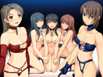 5girls assistant bare_shoulders bdsm black_eyes blue_hair blush bondage bound breasts brown_eyes brown_hair cleavage collar dominatrix covered_erect_nipples female_focus femdom game_cg gloves groin hand_on_shoulder happy kan-in_tokkyuu_matsuba kneeling large_breasts long_hair looking_at_viewer midriff multiple_girls navel nipples nude open_mouth ponytail sakurajima_saromako short_hair sitting slave smile standing take_your_pick tsurumiku whip yellow_eyes