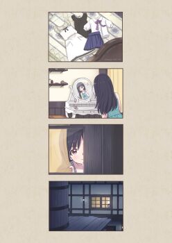 1girl aged_down aqua_dress asami_yutori bare_shoulders black_hair child commentary_request curtains dress final_fantasy final_fantasy_vii final_fantasy_vii_remake highres house indoors leaning_to_the_side long_hair looking_at_food looking_outside multiple_views nibelheim night red_eyes sequential shirt skirt sundress tifa_lockhart unworn_dress unworn_shirt unworn_skirt water_tank water_tower window