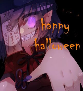 1girl @_@ black_ribbon commentary_request grin happy_halloween hat jiangshi looking_at_viewer miyako_yoshika neck_ribbon ofuda outstretched_arms pointy_ears purple_eyes purple_hair purple_hat red_shirt ribbon shinjitsu_no_kuchi shirt short_hair smile solo touhou upper_body zombie_pose