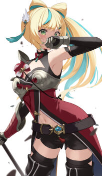 1girl absurdres aqua_hair arm_up armor armpits axe battle_axe belt belt_buckle black_dress black_gloves black_shorts blonde_hair blush bow bow-shaped_hair bowtie breasts buckle cleavage cleavage_cutout clothing_cutout covering_face cowboy_shot debris dress elbow_gloves gauntlets gloves green_eyes hair_ornament hairclip highres holding holding_axe long_hair medium_breasts midriff multicolored_hair navel nijisanji pauldrons red_dress red_ribbon ribbon ribbon_hair shorts shoulder_armor side_ponytail single_gauntlet single_pauldron single_vambrace sleeveless sleeveless_dress solo streaked_hair tachitsute_toto tachitsute_toto_(1st_costume) takechi49 tassel thighhighs vambraces virtual_youtuber weapon white_background wing_hair_ornament