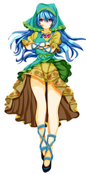 1girl apron aqua_apron black_shoes blue_hair commentary_request crossed_arms dress full_body hair_between_eyes haniyasushin_keiki headscarf high-low_dress highres jewelry long_hair magatama magatama_necklace necklace no_socks pink_eyes shoes short_sleeves simple_background single_strap solo tokonote touhou white_background yellow_dress