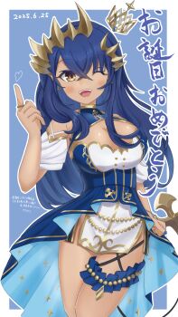 1girl absurdres blue_background blue_dress blue_hair blue_nails blush breasts brown_eyes brown_horns cleavage cleavage_cutout clothing_cutout commentary_request cowboy_shot crossed_bangs crown dark-skinned_female dark_skin dated demon_girl demon_horns demon_tail detached_sleeves dress fingernails floating_crown frilled_thigh_strap highres horns index_finger_raised large_breasts long_hair looking_at_viewer mini_crown mitsuru_aga nanashi_inc. one_eye_closed open_mouth pointy_ears puffy_detached_sleeves puffy_sleeves shimamura_charlotte shimamura_charlotte_(9th_costume) sidelocks sleeveless sleeveless_dress smile solo tail teeth thigh_strap two-tone_background upper_teeth_only virtual_youtuber white_background white_sleeves