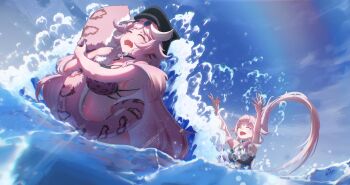 2girls absurdres animal_ears armpits arms_up bikini blue_sky breasts closed_mouth commentary day english_commentary fangs fluffy from_below from_side happy hat highres hololive hololive_english hugging_tail koseki_bijou koseki_bijou_(holonatsu_paradise) large_breasts light_particles long_hair multiple_girls neilwa_dayo open_mouth outdoors panther_girl panther_tail pink_hair playing purple_hair raora_panthera raora_panthera_(holonatsu_paradise) signature sky small_breasts smile splashing spotted_tail standing swimsuit tail teeth upper_body upper_teeth_only virtual_youtuber water waves