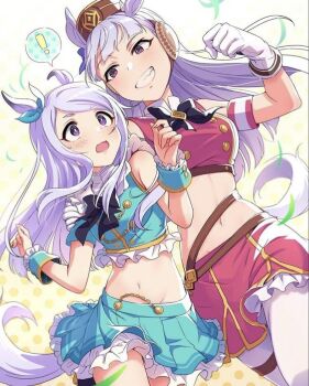 Rule 34 | 2girls, animal ears, armband, artist request, black bow, blush, bow, breasts, brown hat, dot nose, embarrassed, female focus, frilled skirt, frills, gloves, gold ship (umamusume), green armband, green skirt, green wrist cuffs, grey hair, grey tail, hand on another's shoulder, hat, highres, horse ears, horse girl, horse tail, large breasts, layered skirt, legs, long hair, mejiro mcqueen (umamusume), midriff, miniskirt, multiple girls, navel, open mouth, pantyhose, pencil skirt, pink armband, pink skirt, pleated skirt, purple eyes, purple hair, purple tail, sexually suggestive, skirt, sleeveless, small breasts, smile, stomach, tail, teeth, thighs, tight skirt, umamusume, white gloves, white pantyhose, wrist cuffs, yuri