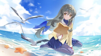 Rule 34 | 1girl, arm between legs, beach, bird, blue bow, blue skirt, bow, clannad, closed mouth, cloud, cloudy sky, commentary, copyright notice, day, english commentary, grey hair, grey pantyhose, hair between eyes, hair bow, harutatsunoki, highres, hikarizaka private high school uniform, holding, holding star, ibuki fuuko, long hair, long sleeves, looking at viewer, no shoes, ocean, outdoors, pantyhose, ponytail, sailor collar, sand, school uniform, seagull, shirt, sidelocks, sitting, skirt, sky, smile, solo, star (symbol), starfish, summer, very long hair, wariza, water, white sailor collar, yellow eyes, yellow shirt