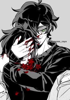 1boy 1girl absurdres ahoge andrew_graves ashley_graves bags_under_eyes blood blood_on_face blood_on_hands brother_and_sister closed_mouth commentary covering_another&#039;s_eyes feet_out_of_frame flower green_eyes grey_background greyscale highres hug knees_up long_sleeves looking_to_the_side low_ponytail monochrome open_mouth pants ponytail puffy_long_sleeves puffy_sleeves red_flower red_petals short_hair siblings simple_background sitting spot_color sweater symbol-only_commentary tag the_coffin_of_andy_and_leyley torn_clothes torn_pants twitter_username zayaaa_zaya