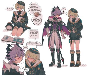 Rule 34 | beret, black gloves, black hat, blonde hair, blue eyes, blunt ends, blush, commentary, dragon boy, dragon horns, dragon wings, durin (genshin impact), english commentary, facial mark, freckles, freminet (genshin impact), genshin impact, gloves, hair between eyes, hair over one eye, hat, heart-shaped gem, highres, horns, long sleeves, lyney (genshin impact), molaning, non-humanoid robot, pers (genshin impact), purple hair, robot, robot animal, teardrop facial mark, top hat, two-sided horns, wings