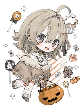 1girl ahoge bad_source blush brown_hair candy chibi echigo food full_body hair_between_eyes halloween jack-o&#039;-lantern long_sleeves looking_at_viewer open_mouth original pumpkin shirt shoes short_hair simple_background skirt solo white_background yiqigoujiang