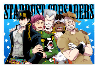 Rule 34 | 5boys, animal, arm around neck, beard, black hair, brown hair, chain, closed eyes, cowboy hat, crossed arms, dark-skinned male, dark skin, dog, earrings, facial hair, facial mark, gakuran, grey hair, grin, hand on another's shoulder, hat, headband, holding, holding animal, iggy (jojo), jean pierre polnareff, jewelry, jojo no kimyou na bouken, joseph joestar, joseph joestar (old), kakyoin noriaki, kuujou joutarou, mohammed avdol, multiple boys, nyorori, open mouth, red hair, school uniform, smile, star (symbol), star symbol background, very dark skin, yawning