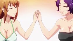 2girls animated anime_screenshot bare_shoulders bikini black_bikini blush bouncing_breasts breasts brown_eyes brown_hair cleavage collarbone grand_blue hamaoka_azusa highres holding_hands kotegawa_nanaka large_breasts long_hair looking_at_viewer medium_hair multiple_girls one_eye_closed pink_eyes pointing pointing_at_viewer purple_hair sidelocks smile strapless strapless_bikini swimsuit tagme video white_bikini wink winking_(animated)