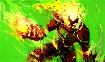 1boy alien ben_10 cowboy_shot fire flaming_eyes flaming_head glowing glowing_eyes green_background heatblast highres kyezzzz male_focus omnitrix painting_(medium) solo traditional_media