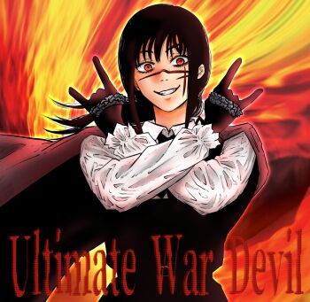 Rule 34 | 1girl, \n/, black hair, cape, chainsaw man, commentary, cross scar, double \n/, dress, english commentary, fourth east high school uniform, grin, highres, isuke (isuke now), pinafore dress, ponytail, red cape, red eyes, ringed eyes, scar, school uniform, sleeveless, sleeveless dress, smile, solo, upper body, x arms, yoru (chainsaw man)