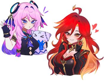 Rule 34 | 2girls, bare shoulders, blonde hair, blue eyes, breasts, citlali (genshin impact), commentary, detached sleeves, genshin impact, gradient hair, heart, highres, large breasts, long hair, mavuika (genshin impact), medium breasts, mizah (mizah), multicolored hair, multiple girls, pink hair, purple hair, red eyes, red hair, untranslatable commentary, upper body