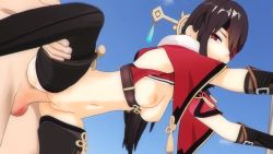 1boy 1girl 3d animated beidou_(genshin_impact) black_footwear black_gloves black_thighhighs blender_(medium) blue_sky boots bottomless breasts breasts_out brown_hair capelet cleft_of_venus colored_eyepatch eyepatch genshin_impact gloves hair_ornament hairpin hetero highres kallenz leg_grab leg_lift looking_back medium_breasts navel nipples pirate pussy red_capelet red_eyes sex sky sound tagme tassel testicles thighhighs thighhighs_under_boots vaginal video
