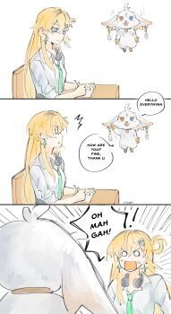 .osari 1girl abby_(wuthering_waves) artist_name azumanga_daiou blonde_hair blue_eyes breasts closed_mouth earrings english_text green_necktie hair_ornament headphones headphones_around_neck highres jewelry long_hair lynae_(wuthering_waves) medium_breasts meme_request necktie open_mouth rectangular_mouth scene_reference shirt skull_hair_ornament star_(symbol) star_earrings sweatdrop white_shirt wuthering_waves