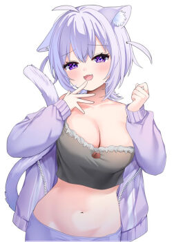 1girl :d animal_ears bare_shoulders blush breasts cat_cutout cat_ears cat_girl cat_tail clenched_hand clothes_pull clothing_cutout commentary_request crop_top fang groin hands_up hololive jacket jacket_pull looking_at_viewer medium_breasts medium_hair navel negima_(le_ne38) nekomata_okayu nekomata_okayu_(membership) no_bra open_clothes open_jacket open_mouth purple_eyes purple_hair purple_jacket single_ear_down smile smug solo tail virtual_youtuber