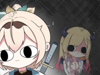 2girls :&gt; black_wings blonde_hair breasts brown_hairband center_frills chibi cleavage closed_mouth collarbone collared_shirt commentary_request demon_girl demon_horns demon_wings dress_shirt eighth_note fong_(fongthe0125) frills gradient_hair hairband highres hololive horns katana kazama_iroha kazama_iroha_(1st_costume) lab_coat long_hair medium_breasts multicolored_hair multiple_girls musical_note open_clothes pink_shirt pointy_ears ponytail red_hair shaded_face sheath sheathed shirt sword very_long_hair virtual_youtuber weapon wings yuzuki_choco yuzuki_choco_(1st_costume)