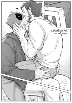 2boys arm_hair back beard blush chair closed_eyes commentary_request couple deadpool deadpool_&amp;_wolverine deadpool_(series) dreaming_oor facial_hair grabbing_another's_ass groping hand_on_another's_face highres kiss long_sleeves male_focus marvel marvel mask_lift monochrome multiple_boys muscular muscular_male on_chair pants scar scars_all_over shirt short_hair short_sleeves sitting sitting_on_person too_many wolverine_(x-men) x-men yaoi