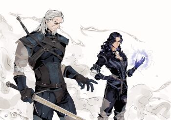 1boy 1girl black_choker black_gloves black_hair black_jacket black_pants choker darkyu-yj geralt_of_rivia gloves grey_hair highres holding holding_sword holding_weapon jacket long_hair looking_at_another magic pants pendant_choker sword the_witcher_(series) the_witcher_3 weapon witcher_medallion yennefer_of_vengerberg