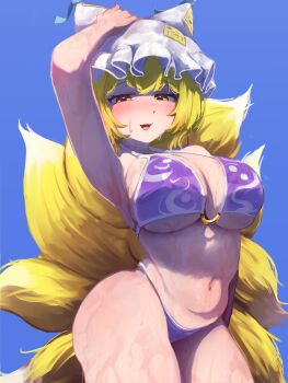 1girl absurdres armpits bikini blonde_hair blue_sky breasts fox_girl fox_tail highres large_breasts midriff navel purple_bikini simple_background sky solo suwa_(au_swap) swimsuit tail thick_thighs thighs touhou yakumo_ran