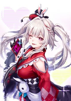 Rule 34 | 1girl, ;p, animal ears, armpit crease, braid, breasts, cellphone, clothing cutout, commentary request, diamond (shape), diamond facial mark, earrings, facial mark, hat, heart, highres, holding, holding phone, honkai: star rail, honkai (series), jewelry, ktkt07070, long hair, long sleeves, looking at viewer, one eye closed, phone, pink eyes, rabbit ears, shoulder cutout, smartphone, smile, solo, spade (shape), sparkle (honkai: star rail), sparxie (honkai: star rail), stuffed animal, stuffed rabbit, stuffed toy, tongue, tongue out, top hat, twintails, white hair, wide sleeves