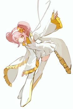 Rule 34 | 1girl, absurdres, amulet dia, boots, brown eyes, chunzhou jingmang, cleavage cutout, closed mouth, clothing cutout, coat, collar, collared dress, commentary, diamond cutout, diamond hair ornament, dot nose, dress, english commentary, floating clothes, frilled collar, frilled sleeves, frills, full body, hairband, hand on own leg, happy, highres, hinamori amu, leaning to the side, long sleeves, looking at viewer, magical girl, medium hair, neck ribbon, one eye closed, open clothes, open coat, outstretched arm, pink hair, pleated skirt, ribbon, short dress, short sleeves, short twintails, shugo chara!, simple background, skirt, sleeves past wrists, smile, solo, thigh boots, twintails, white background, white boots, white coat, white dress, white hairband, white ribbon, wide sleeves