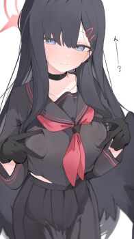 1girl black_choker black_gloves black_hair black_serafuku blue_archive blush breasts choker collarbone covered_erect_nipples gloves highres ichika_(blue_archive) large_breasts light_smile long_sleeves looking_at_viewer midriff_peek mikozin neckerchief pleated_skirt red_neckerchief school_uniform serafuku simple_background skirt solo spread_nipple white_background